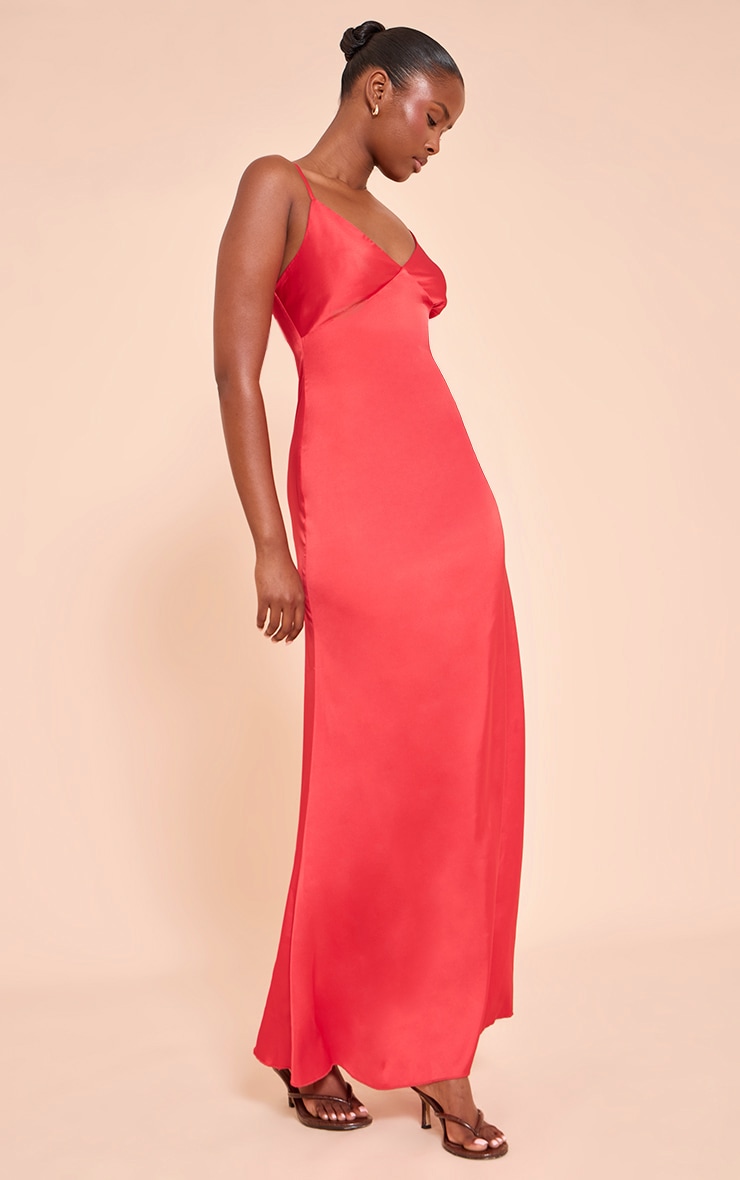Red Satin Strappy Maxi Dress image 3