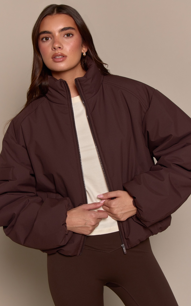 Chocolate Funnel Neck Cocoon Sleeve Zip Through Jacket image 4