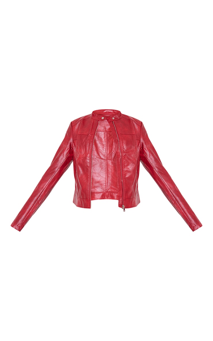 Red Washed Faux Leather Oversized Seam Detail Jacket image 5