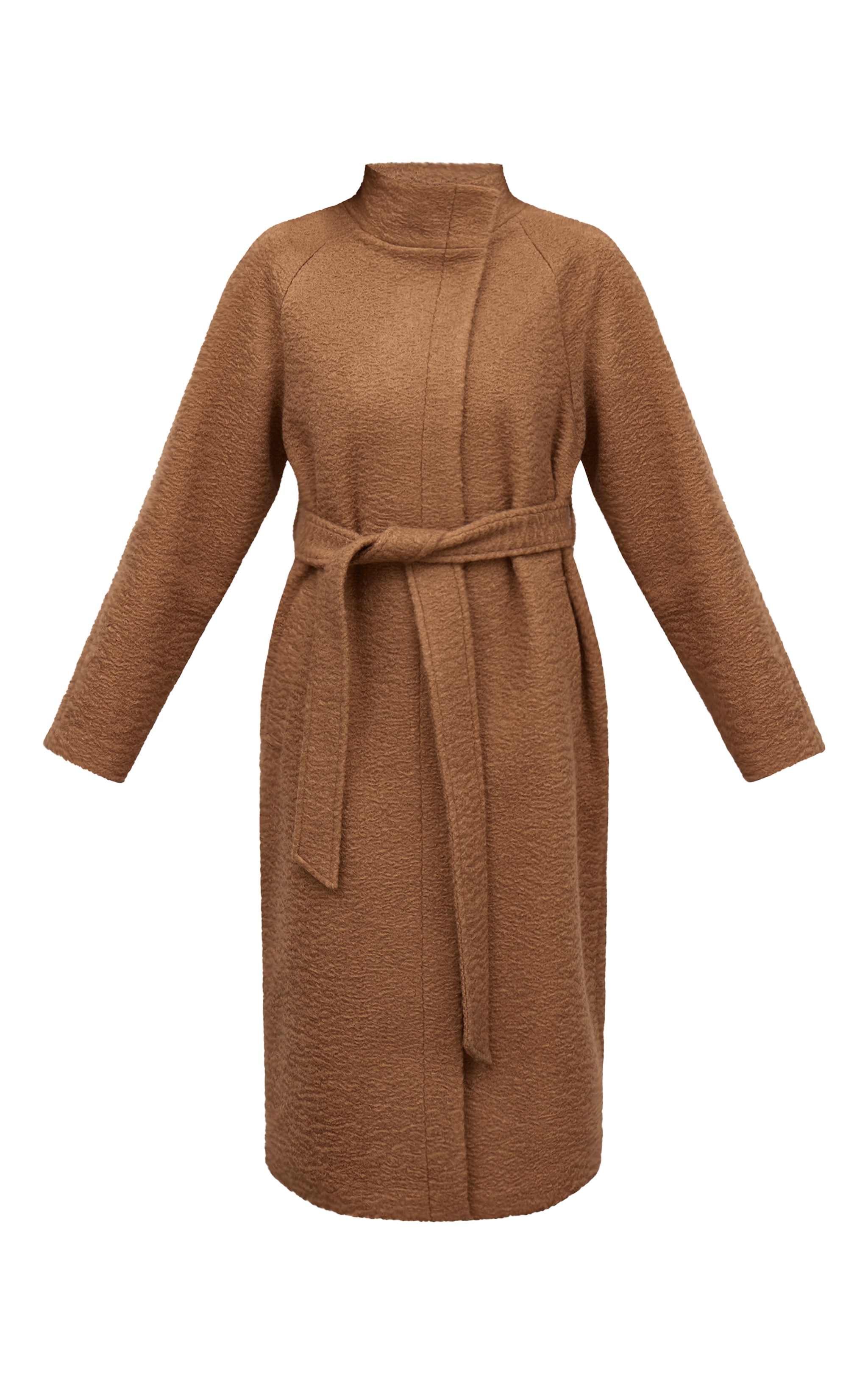 Manteau long en effet laine camel à col montant et taille nouée image 5