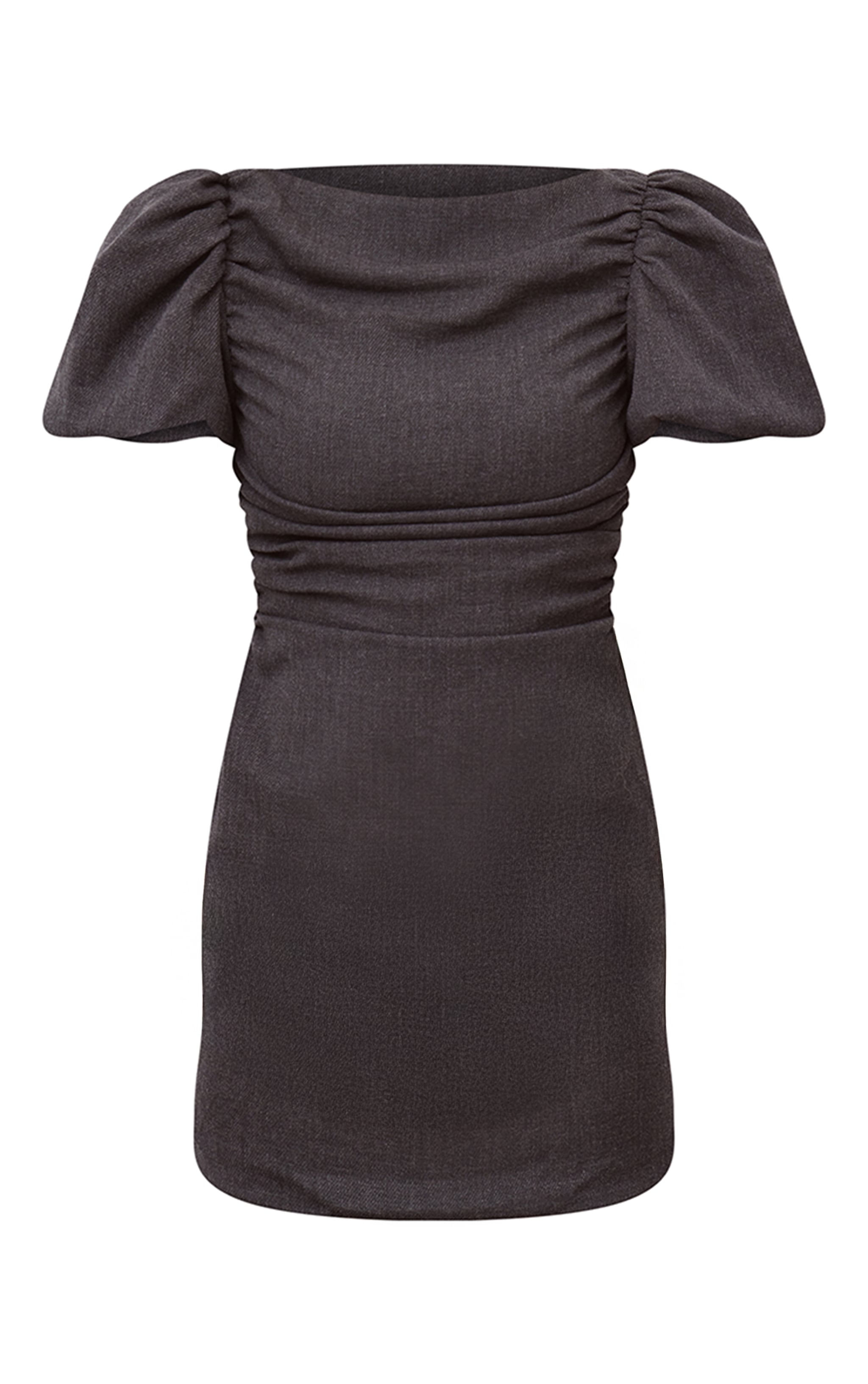 Robe droite tissée gris anthracite froncée à manches bouffantes image 5