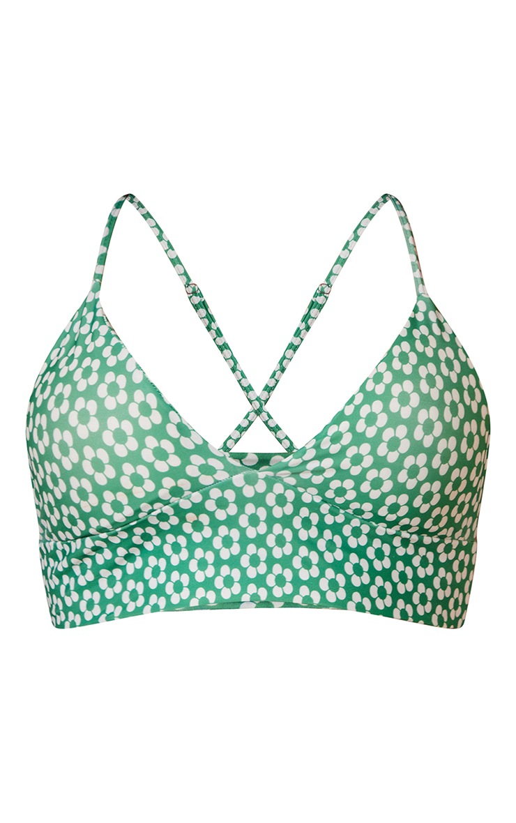 Green Floral Padded Triangle Longline Bikini Top image 1