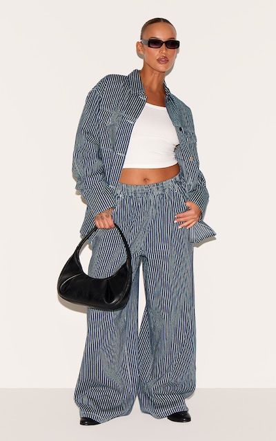 Plus Blue Pinstripe Elasticated Waist Jeans
