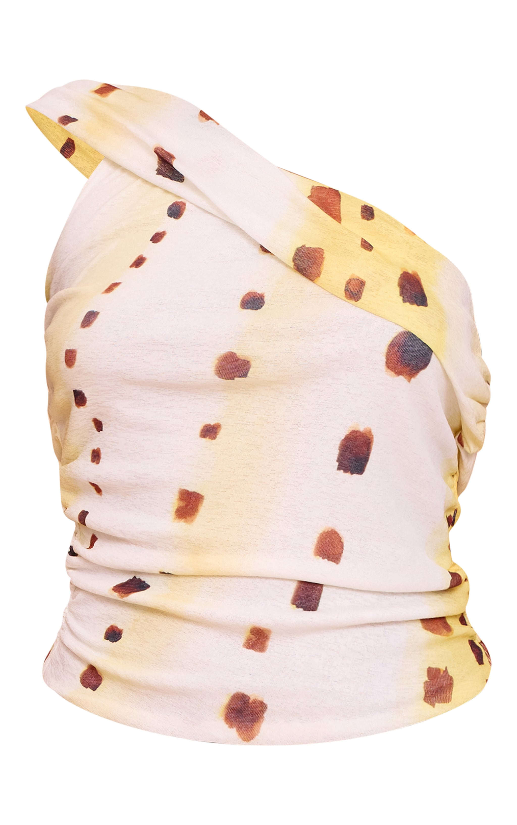 Cream Shell Print Onion Skin Ruched Side Asymmetric Top image 5