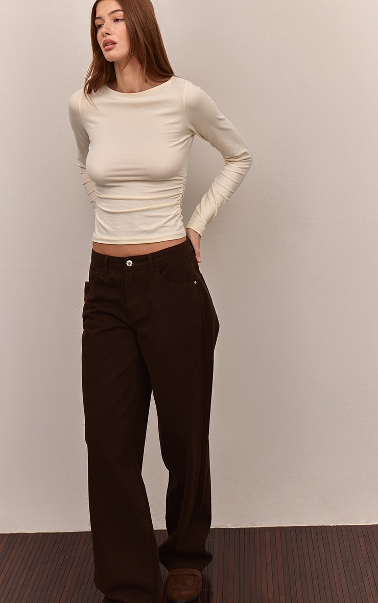 Top en coton doux crème froncé sur les côtés à manches longues image 4