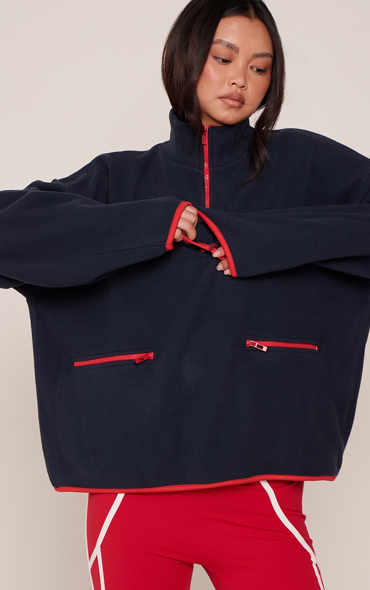 Navy Contrast Fleece Quarter Zip Pocket Detail Sweatshirt