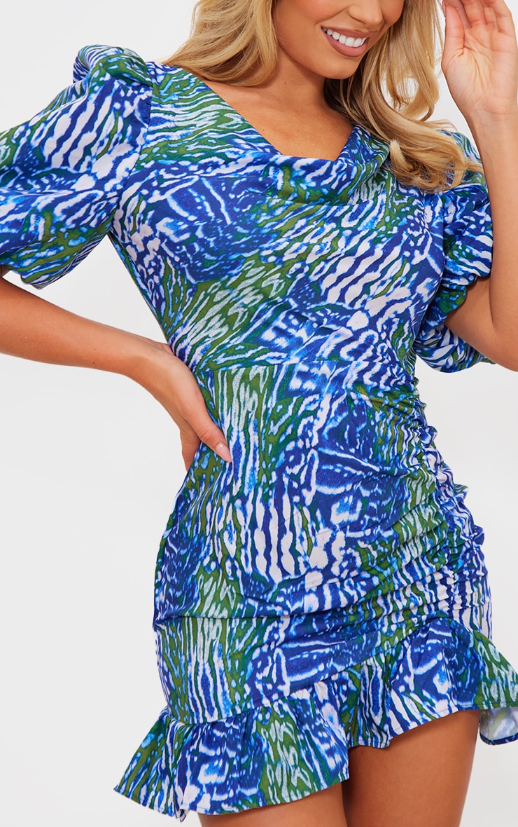Blue Leopard Print Puff Sleeve Ruched Frill Hem Bodycon Dress image 4