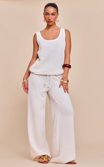 Pantalon large texturé gauffré crème à taille mi-haute