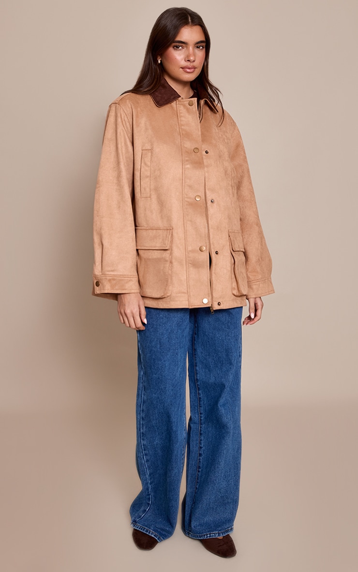 Camel Oversized Pocket Detail Contrast Collar Jacket image 3