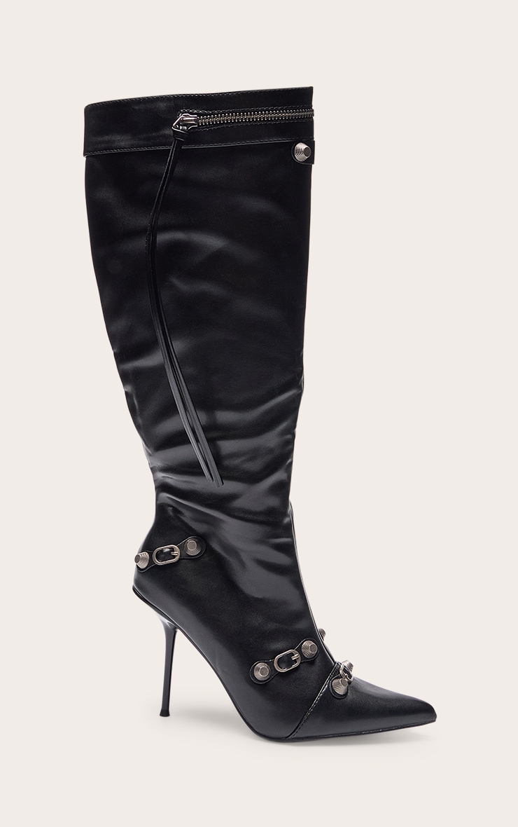 Black PU Zip Detail Point Toe High Heeled Knee Boots image 2