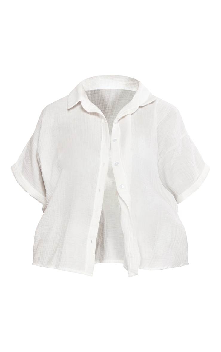 Plus White Textured Linen Look Short Sleeve Shirt image 5