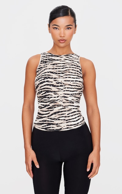 Black Zebra Printed Sheer Sequin Long Vest Top