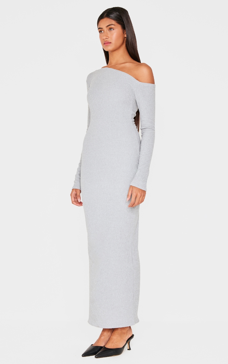 Grey Ribbed Bardot Long Sleeve Maxi Dress image 3