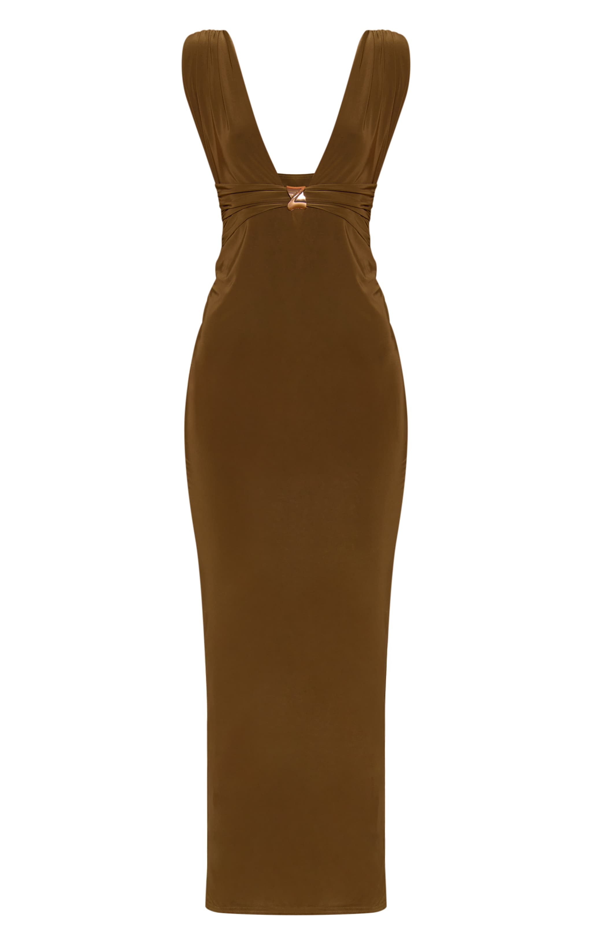 Khaki Double Layer Slinky Plunge Trim Detail Maxi Dress image 5