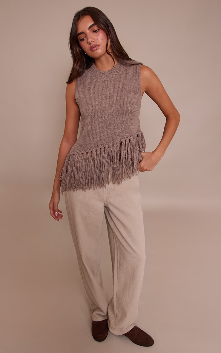 Brown Sleeveless Fringe Detail Sweater image 3