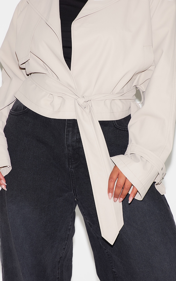 Plus Beige Rubberised Loose Fit Cropped Trench Coat image 4