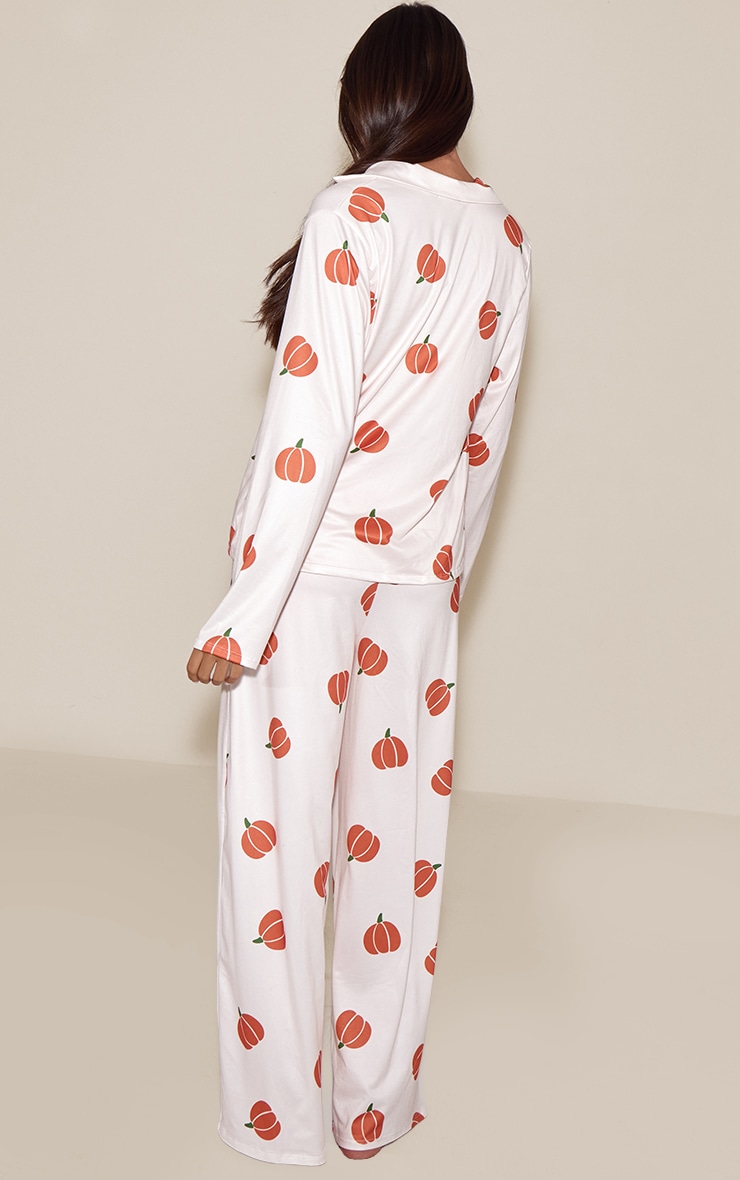 Cream Pumpkin Printed Long Sleeve Button Through PJ Set image 2