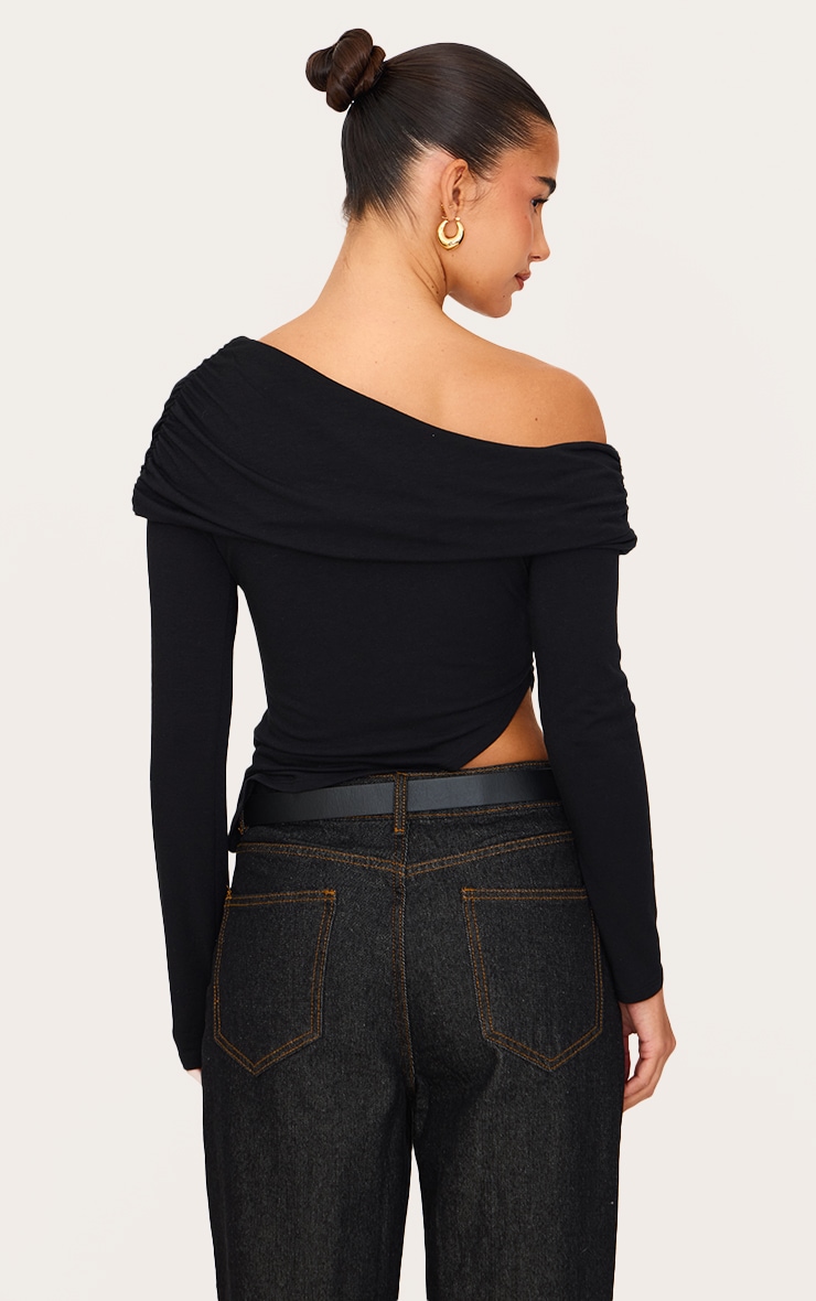 Black Contour Jersey Fold Over Detail Bardot Long Sleeve Top image 2