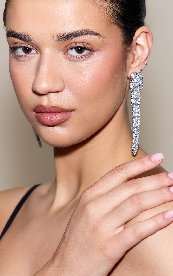 Silver Diamante Tiered Square Drop Earrings