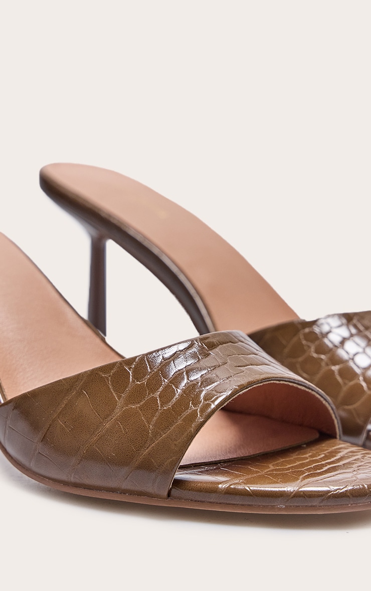 Wide Fit Chocolate Croc Pu Round Toe Mid Stiletto Heel Mules image 4