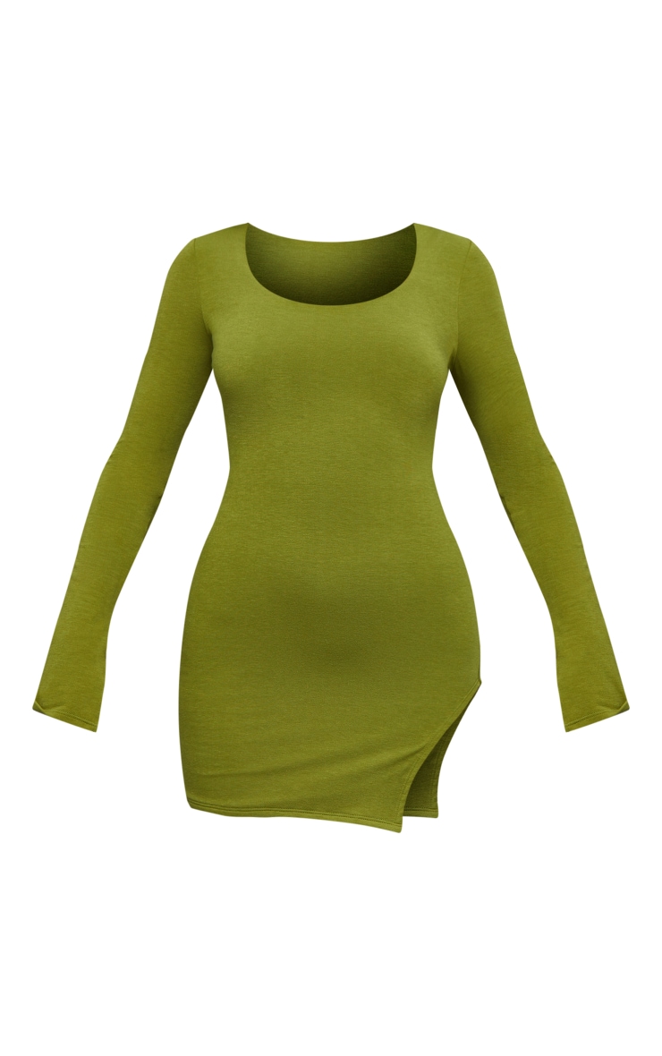 Olive Contour Jersey Scoop Neck Split Bodycon Dress image 5