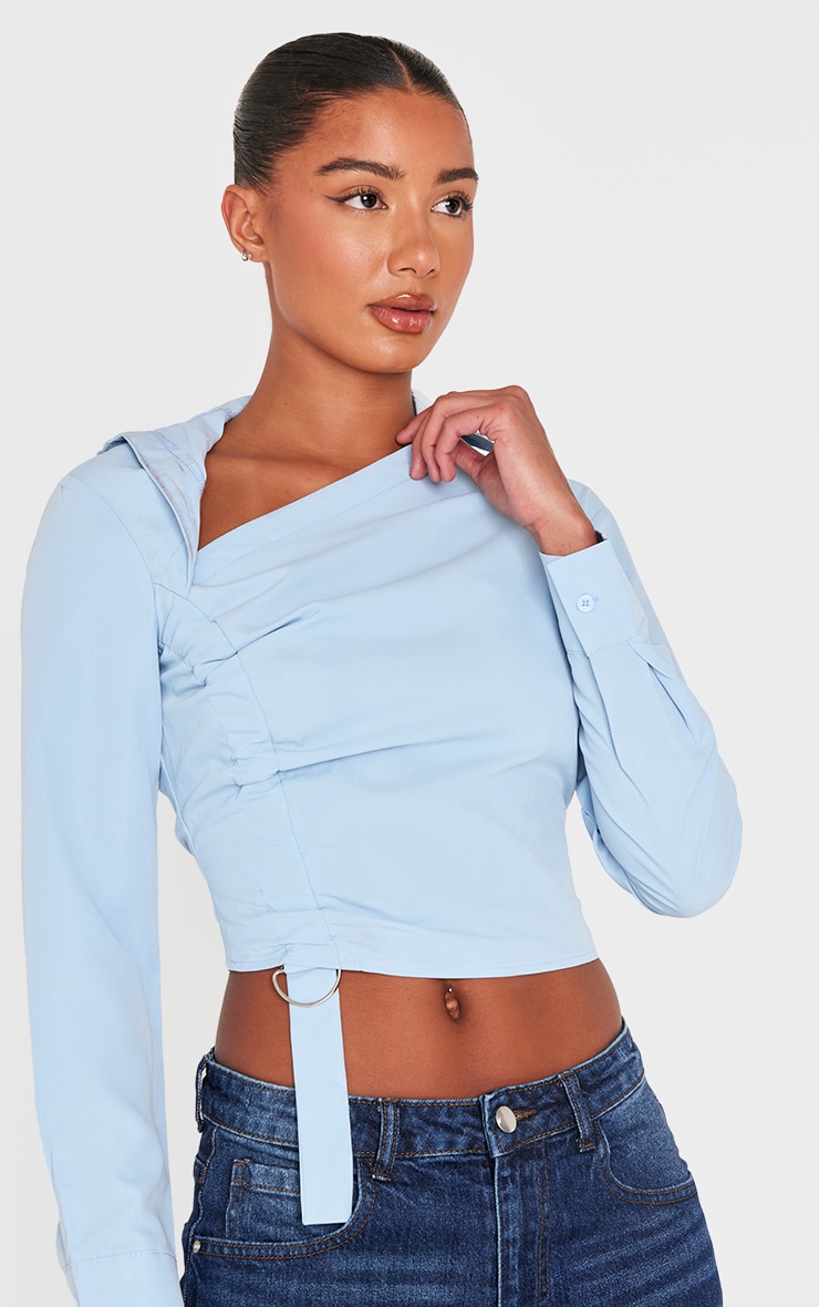 Blue Ruched Buckle Asymmetric Shirt image 4
