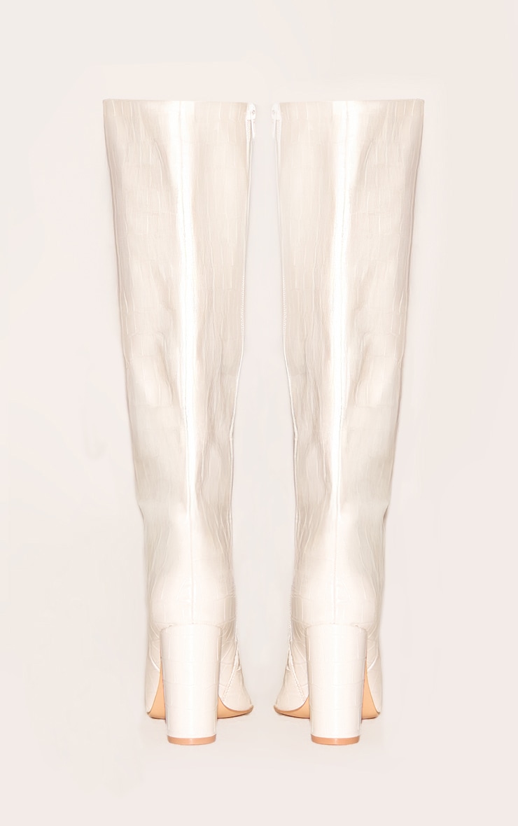 White Wide Fit Pu Croc Square Toe Block Heel Knee High Boots image 3