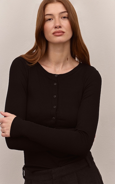 Black Soft Rib Button Up Fitted Long Sleeve Top