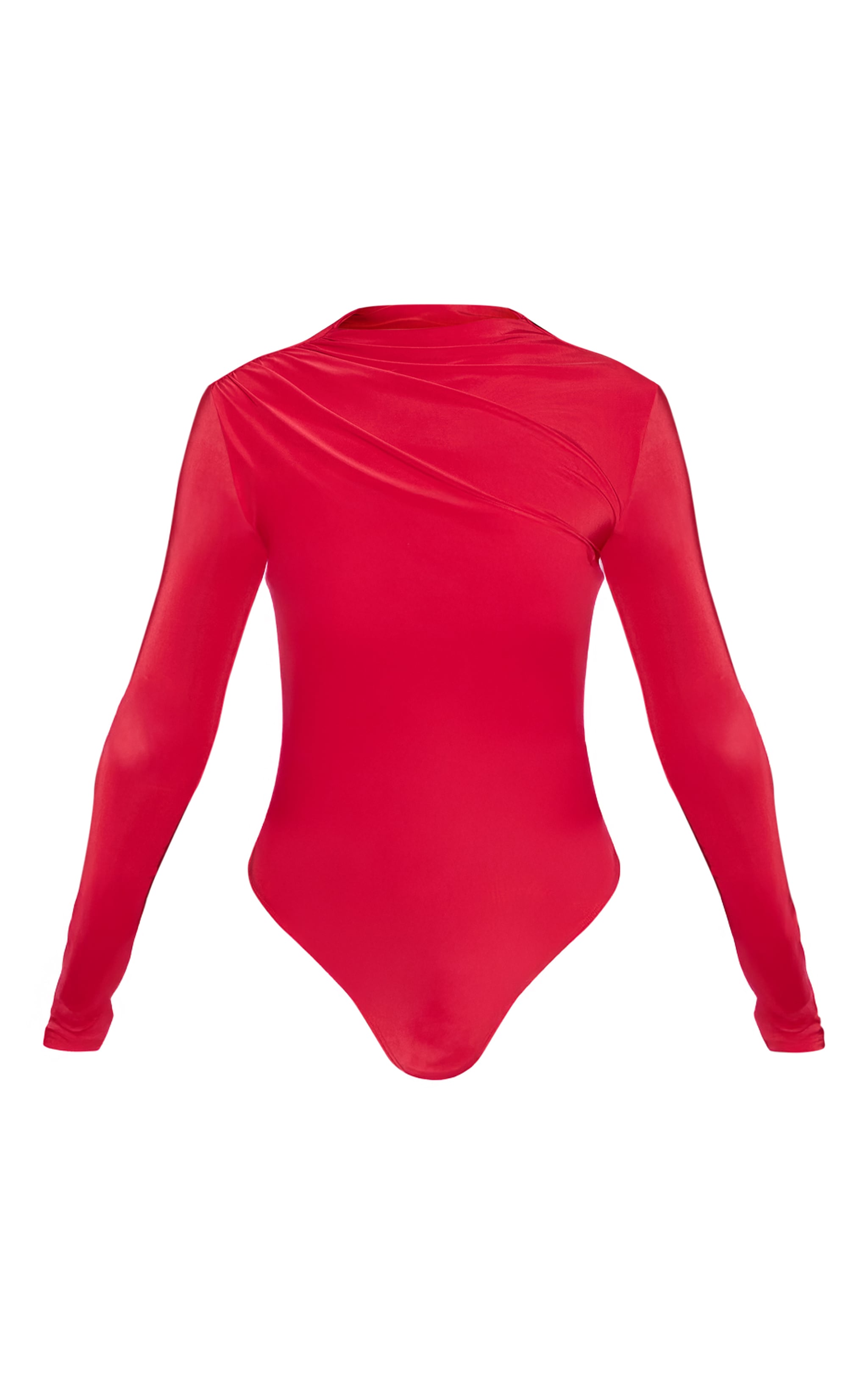Red Double Layer Slinky Ruched Drape Detail Long Sleeve Bodysuit image 5