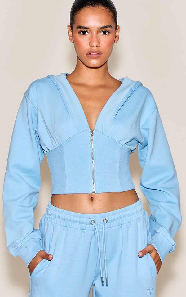 Baby Blue Embroidered Interlock Cinch Waist Zip Hoodie