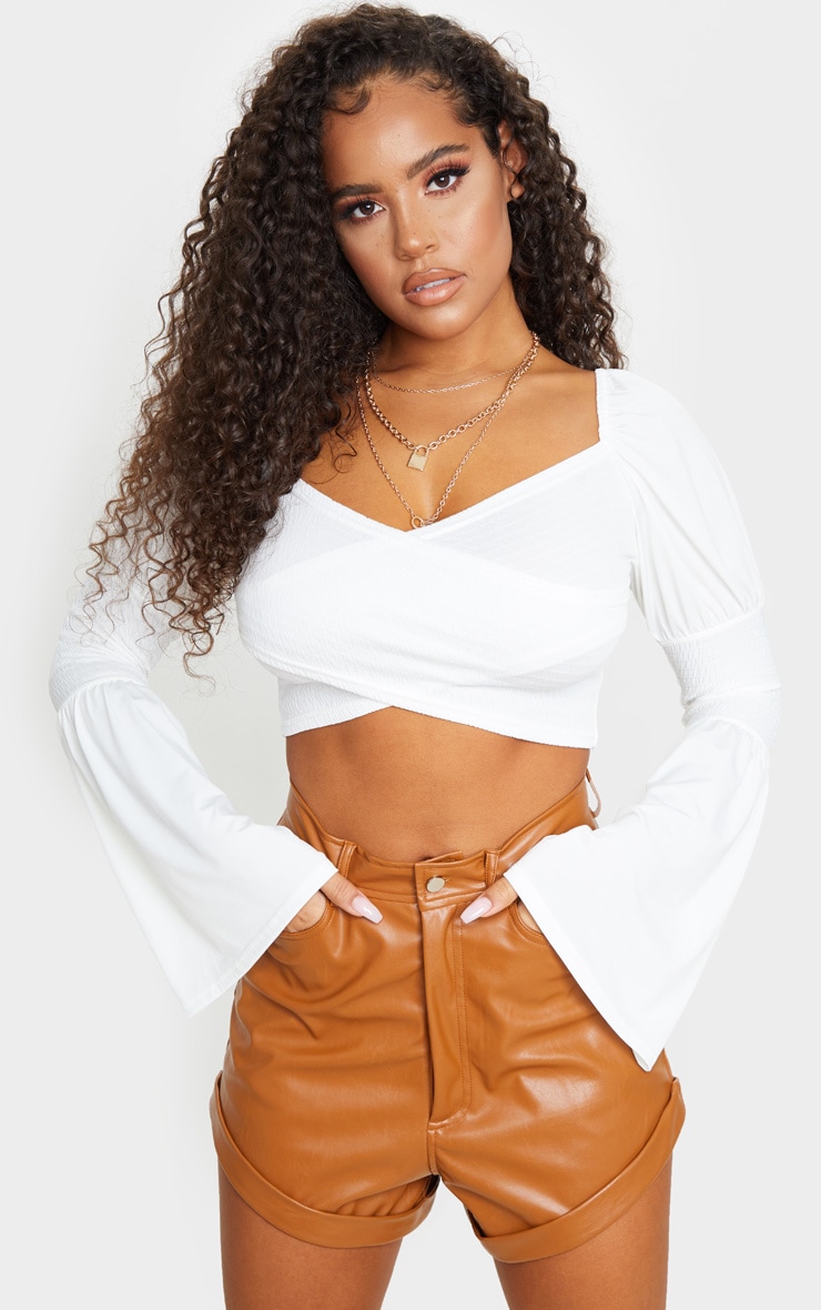 White Shirred Long Sleeve Crop Top