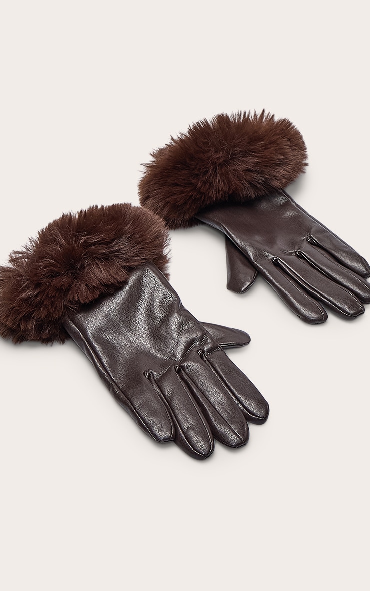 Chocolate Faux Fur Trim Gloves image 3