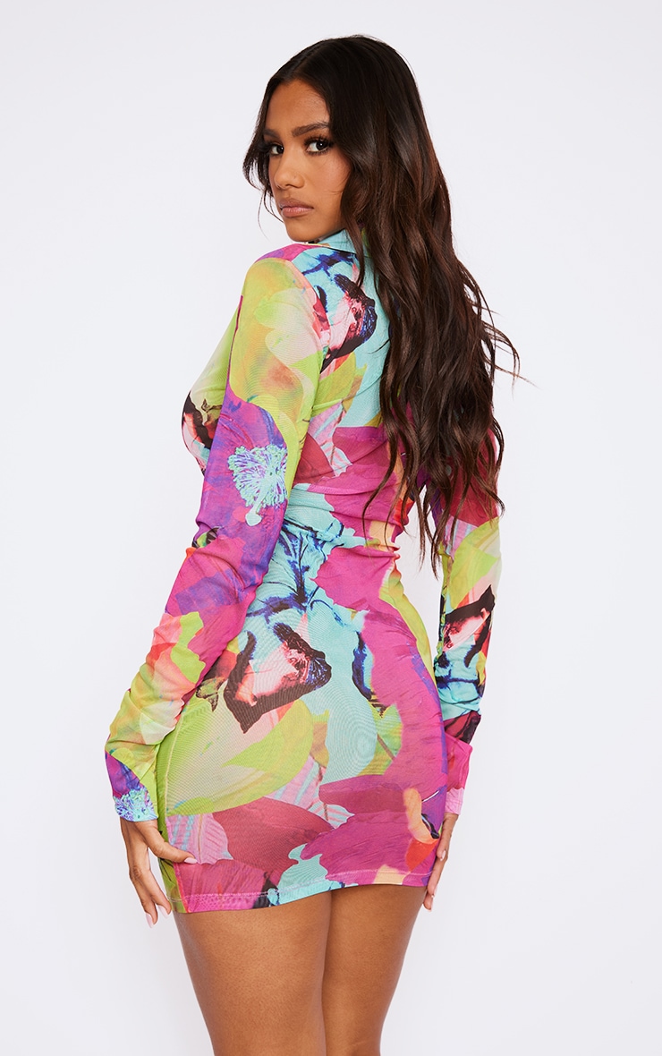 Multi Abstract Print Mesh Asymmetric Ruched Shirt Dress image 2