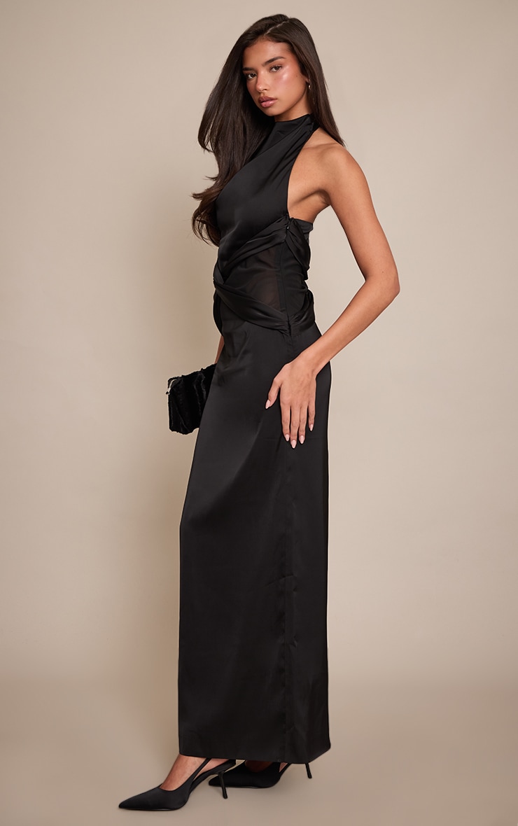 Robe longue satinée noire à détail en mesh image 3