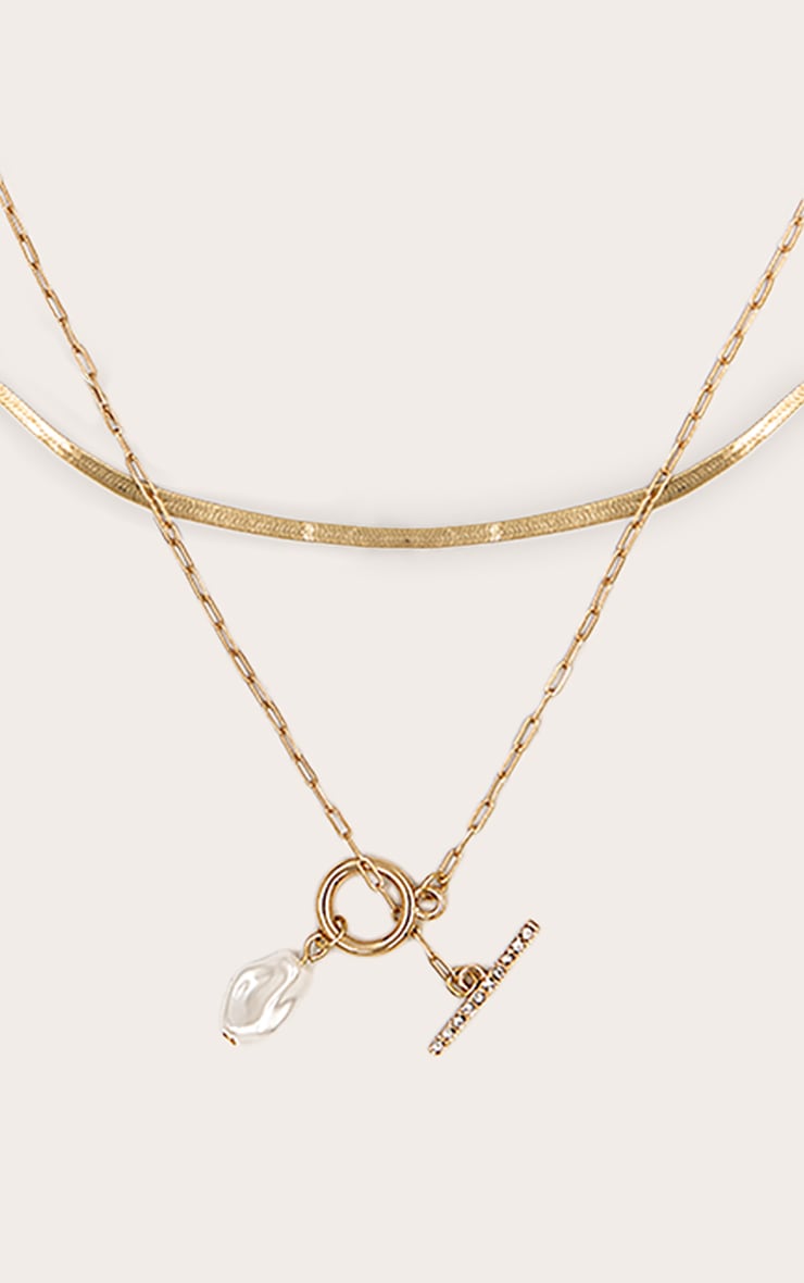 Gold Layered T-Bar Necklace With Pearl Detail image 2