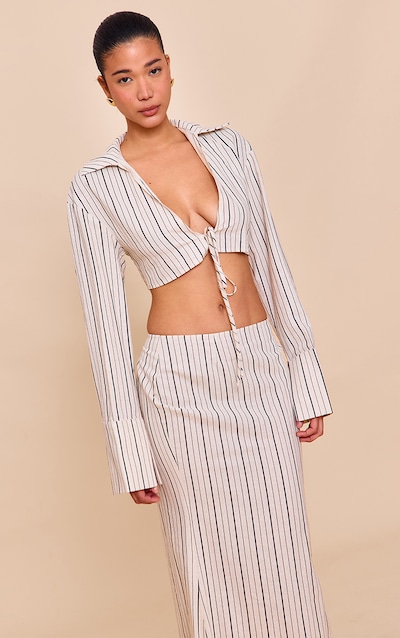 Sand Striped Linen-Blend Tie Front Cropped Shirt