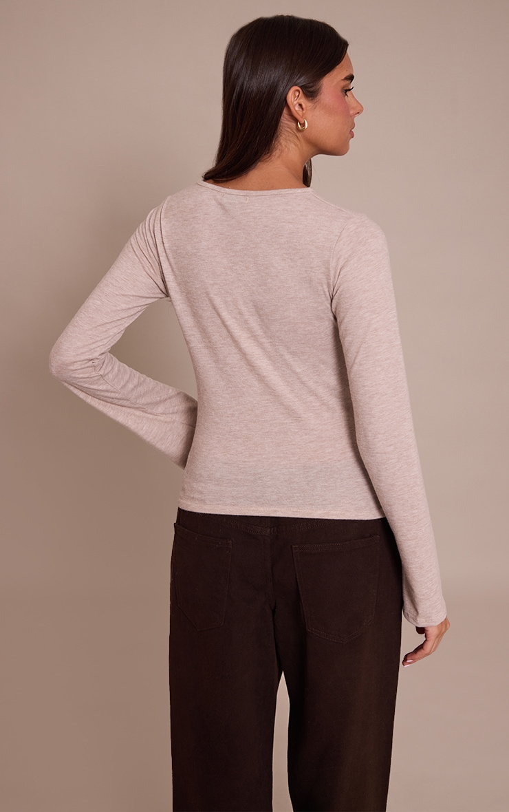 Sand Marl Soft Jersey V Neck Flared Long Sleeve Top  image 2