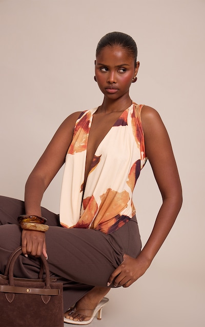 Cream Floral Print Double Layer Slinky Extreme Cowl Neck Top