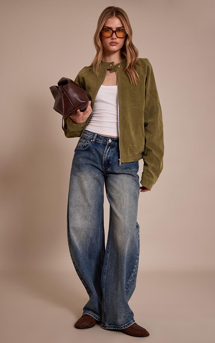 Olive Faux Suede Racer Neck Jacket image 3