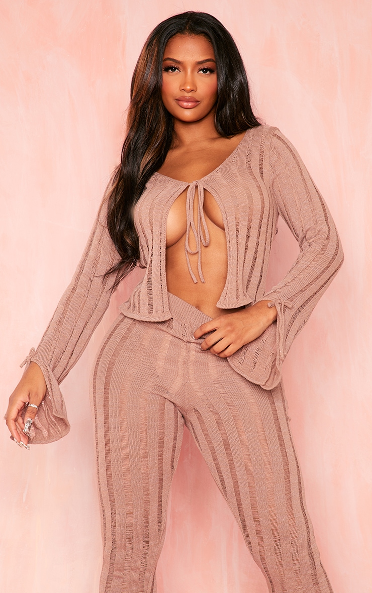 Shape Soft Brown Ladder Knit Tie Detail Top