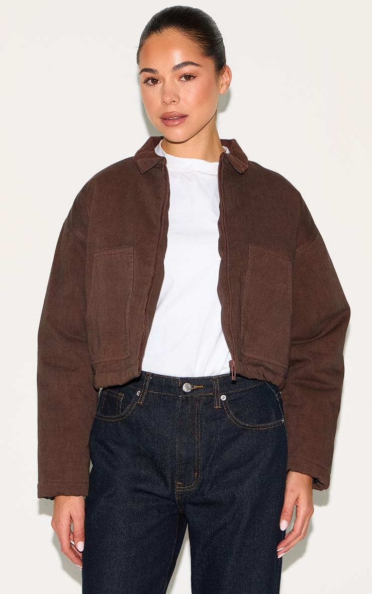 Chocolate Twill Contrast Collar Cropped Jacket image 3