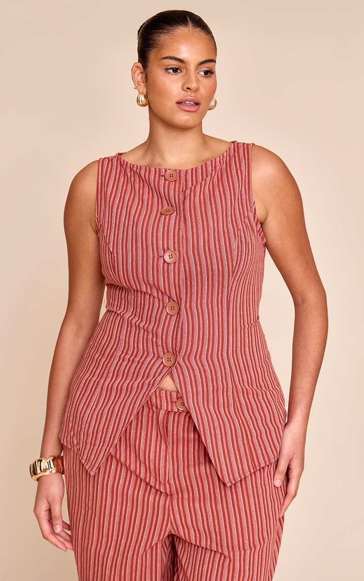 Plus Red Boat Neckline Button Down Linen Look Stripe Vest image 4