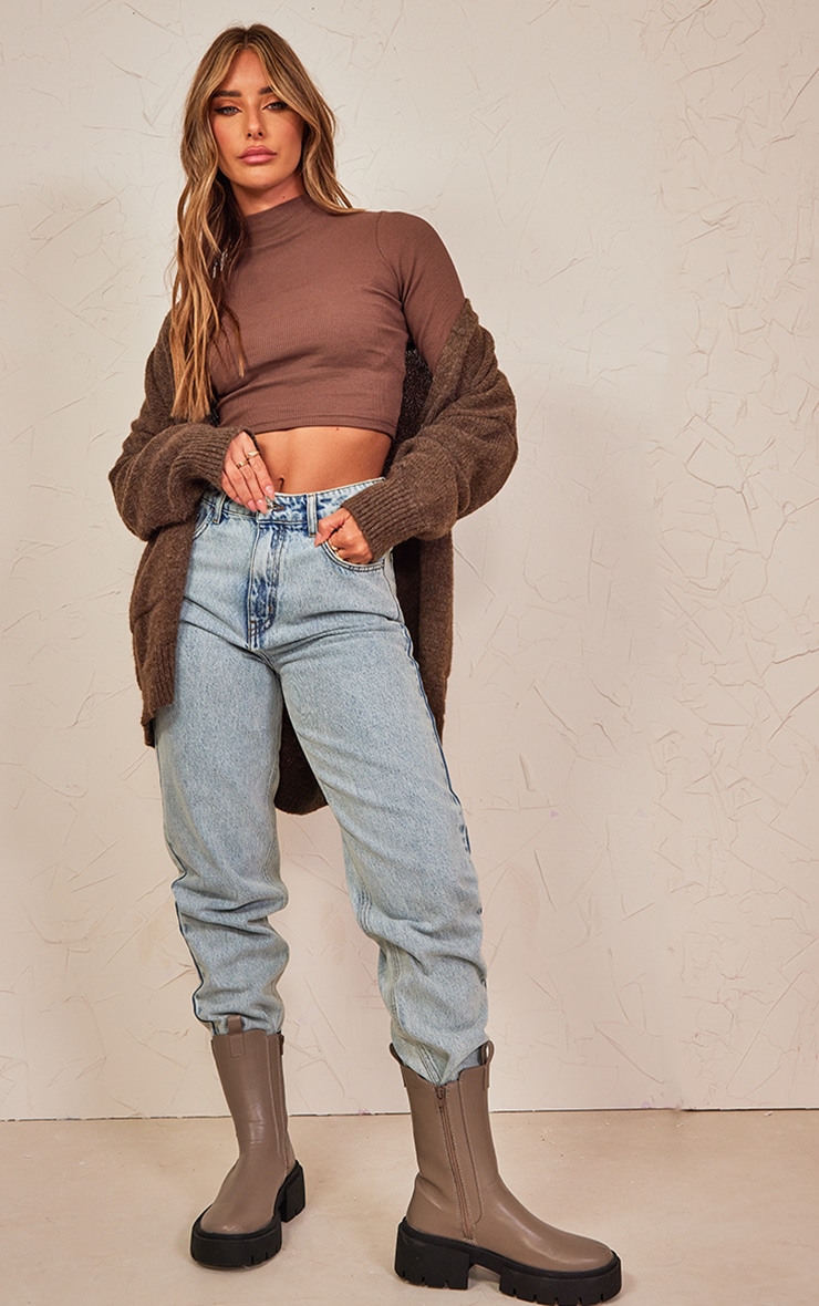  Chocolate Brown Rib High Neck Long Sleeve Crop image 3