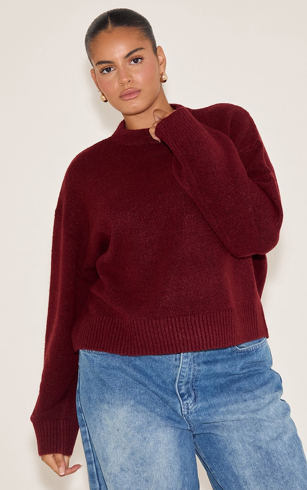 Plus Deep Red Knit High Neck Crop Jumper