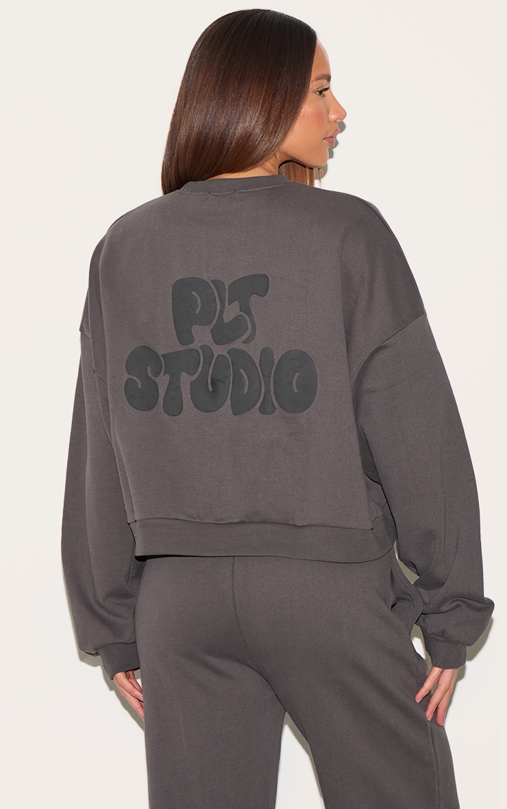PRETTYLITTLETHING Tall Charcoal Premium Studio Print Boxy Sweatshirt image 2