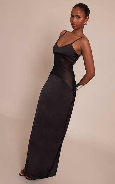 Black Satin Scoop Neck Mesh Detail Maxi Dress