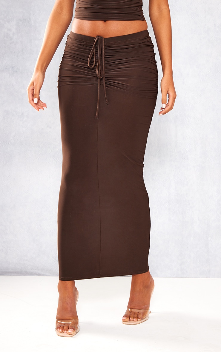 Tall Chocolate Slinky Ruched Detail Midaxi Skirt image 2