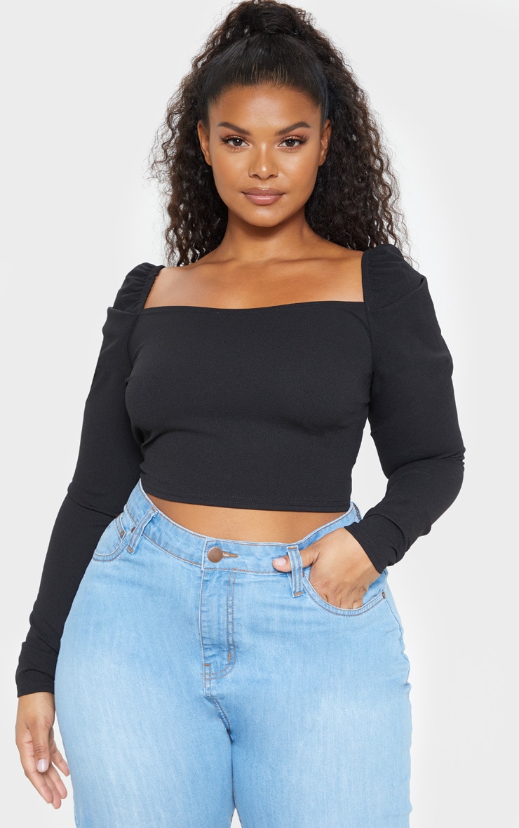 Plus Black Puff Long Sleeve Crop Top image 1