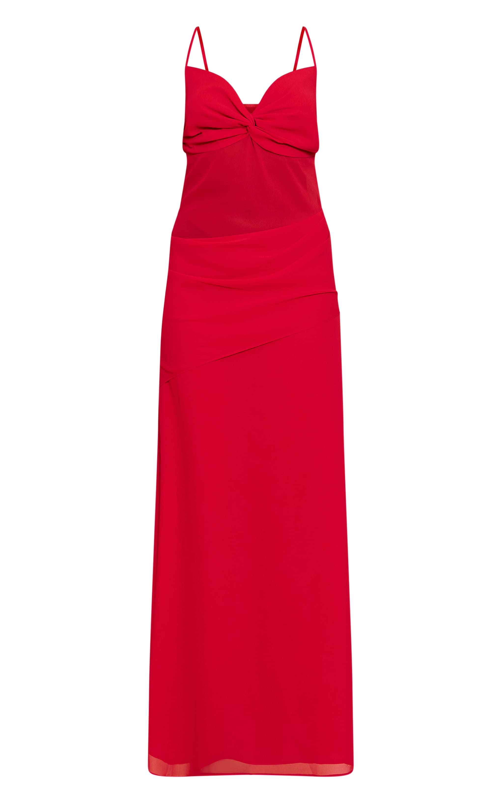 Robe longue en mousseline de soie rouge tomate à buste torsadé et partie en mesh image 5