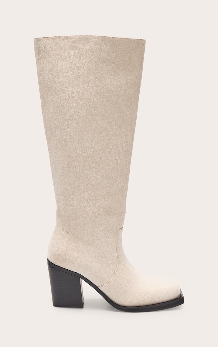Cream Faux Suede Square Toe High Block Heel Knee High Boots image 2